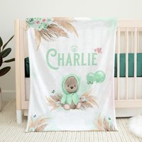 Boho Teddybär Mit Luftballons | Personalisierte Babydecke Baby Decke Namen Neutral - Für Mädchen Oder Jungen von BeimErdbeerFrosch