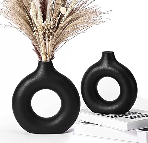 Keramik Vase für Pampasgras 2PCS Schwarz Groß+Mittel,Modern Zimmer Deko Donut Vasen Matt,für Blumen Pampasgras Tabelle Bücherregal Kaminsims Wohnzimmer Schlafzimmer Büro Hochzeit Party Geschenk von Beinhome