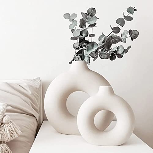 Keramik Vase für Pampasgras 2PCS Weiß Groß+Mittel,Modern Zimmer Deko Donut Vasen Matt,für Blumen Pampasgras Tabelle Bücherregal Kaminsims Wohnzimmer Schlafzimmer Büro Hochzeit Party Geschenk von Beinhome