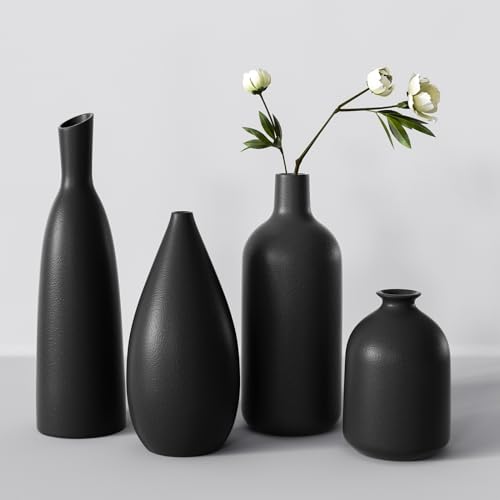 Vasen Keramik 4er Set Schwarz, Blumenvasen Moderne Deko Aesthetic, Vasen für Pampasgras Blumen Tischdeko Tulpenvase Bücherregal Kaminsims Wohnzimmer Schlafzimmer Büro Hochzeit Geschenk von Beinhome