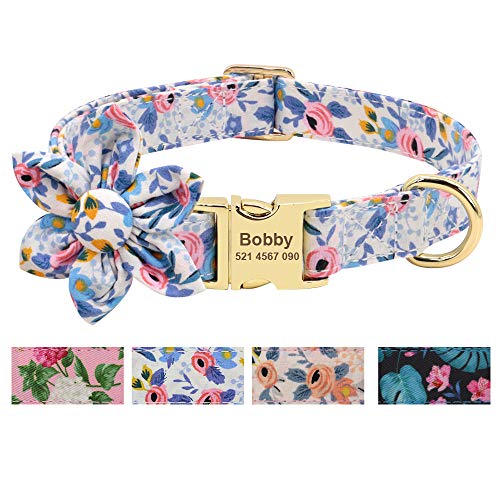 Beirui Benutzerdefiniertes Blumenmädchen Hundehalsband für Hündinnen - Blumenmuster graviert Haustierhalsbänder mit personalisierter goldener Schnalle (blaues Muster, L) von Beirui