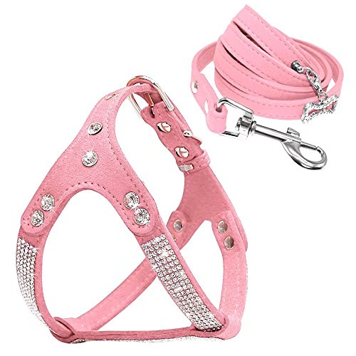 Beirui Hundegeschirr und Leine, weiches Wildleder, mit Strasssteinen, glitzernde Kristallweste und 1,2 m Leine für kleine Hunde, Bulldogge, Schnauzer, Cocker, Rosa, Brustumfang für 35,6–43,2 cm von Beirui
