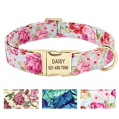 Beirui Hundehalsband mit personalisierbarem Namensschild, Blumenmuster, Premium-Hundehalsband mit Edelstahl-Schnalle, verstellbar, für kleine mittelgroße und große Hunde,Rosa Blume,M(12-19.5") von Beirui