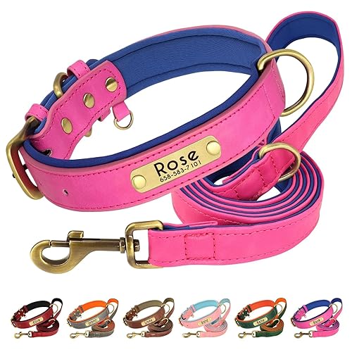 Beirui Hundehalsband und Leine, Set aus weichem, gepolstertem Leder, verstellbar, mit langlebigen Metallbeschlägen, für kleine, mittelgroße und große Hunde (Hot Pink, Halsumfang 35,6–45,7 cm) von Beirui