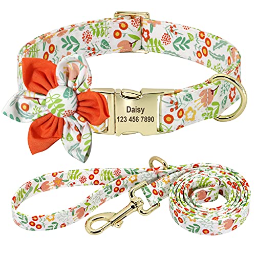 Beirui Hundehalsband und Leine, Set für Hündinnen, mit Blumenmuster und Gravur, mit goldfarbener Schnalle, personalisierbar (Sonnenblume, M) von Beirui