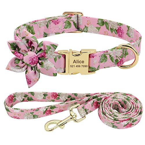 Beirui Hundehalsband und Leine, Set für Hündinnen, mit Blumenmuster und Gravur, mit goldfarbener Schnalle, personalisierbar (rosa Muster, M) von Beirui