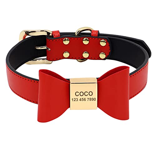 Beirui Niedliches personalisiertes Hundehalsband mit Fliege für kleine, mittelgroße Hunde, Welpen, weiches PU-Leder, mit ID-Name, Bezauberndes Halsband,Rot,XS von Beirui