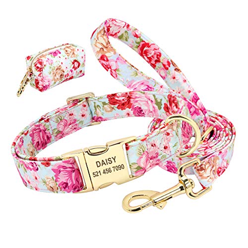 Beirui Personalisierbares Hundehalsband und Leine, Set mit süßer Tasche, Blumenmuster, Laser-Gravur, Haustier-ID-Halsbänder, bequem für Reisen, Spaziergänge und Camping (Pink, L) von Beirui