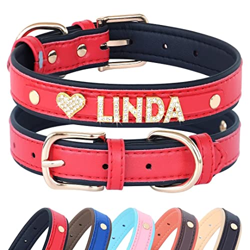 Beirui Personalisiertes Hundehalsband mit glitzernden Strasssteinen, Namensbuchstaben für Haustiere, personalisierbar, gepolstertes PU-Leder, Halsband 35,6–45,7 cm, passend für Bulldogge, Beagle von Beirui