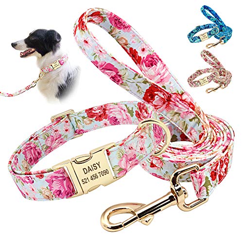 Beirui Personalisierbares Hundehalsband und Leinen-Set – Custom 152 cm Hundeleine & Halsband Set mit Blumenmuster – Verstellbares Hundehalsband für kleine, mittelgroße und große Hunde von Beirui