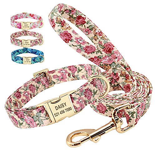 Beirui Personalisierbares Hundehalsband und Leinen-Set – Custom 152 cm Hundeleine & Halsband Set mit Blumenmuster – Verstellbares Hundehalsband für kleine, mittelgroße und große Hunde von Beirui