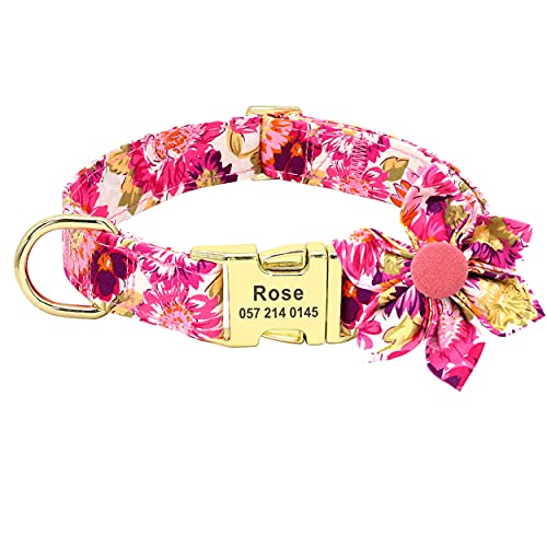 Beirui personalisierte Hündinnenhalsbänder für Mädchenhunde - individuelles Hundehalsband mit Blume für kleine mittelgroße Hunde - weiches Blumengravurhalsband (Hot Pink, S) von Beirui