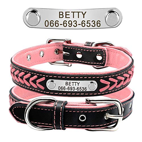 Berry Adjustable Leather Padded Custom Pet Dog Collars with Engraved Nameplate,Fit Cats and Small Medium Dogs (S: Neck 10.5-13" (27-33cm), Rosa) von Beirui