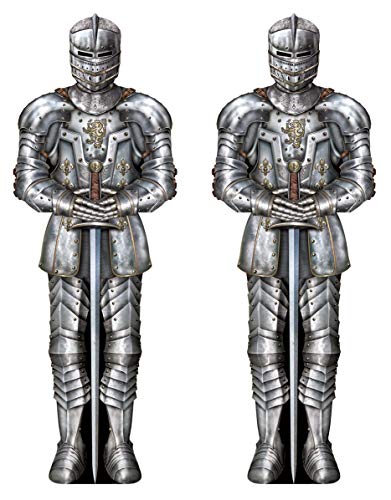 Beistle S57466AZ2 Mittelalterliche Ritter-Figuren, 2 Stück Suit of Armor Foto-Requisiten-Hintergrund mit Ösen für Schloss-Mottoparty, Fantasie-Wanddekorationen, 1,8 m, Cardstock, Silber von Beistle