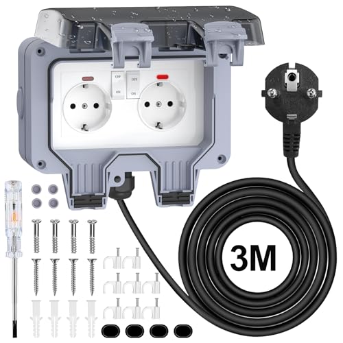 Außensteckdose Wasserdicht IP66 Aussensteckdose 2 Fach Doppel Steckdose Außen mit 3M Kabel Schalter Klappdeckel Schraubendreher,Wandsteckdose Feuchtraum Aufputz Wetterfest Outdoor Gartensteckdose,Grau Außensteckdose Wasserdicht IP66 Aussensteckdose 2 Fach Doppel Steckdose Außen mit 3M Kabel Schalter Klappdeckel Schraubendreher,Wandsteckdose Feuchtraum Aufputz Wetterfest Outdoor Gartensteckdose,Grau von Beizkna