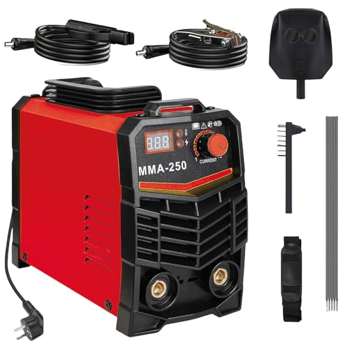 MMA Elektroden Schweißgerät 250A, IGBT Inverter Schweissgerät Mini Elektroden Inverter ARC Welder Einstellbare Leistung, mit Schweißklemme, LED-Anzeige Schlackenhammer Elektro Schweißgerät Set (Rot) von Bekasa