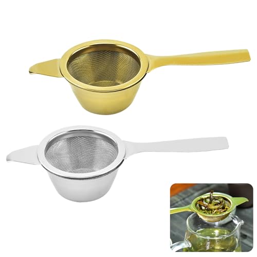 Bekecidi 2 Sets Teefilter, Teezubehör Edelstahl Teesieb mit Abtropfschale, Teerückstandsfilter mit langem Griff, Teeblatt Netzsieb, Gold und Silber von Bekecidi