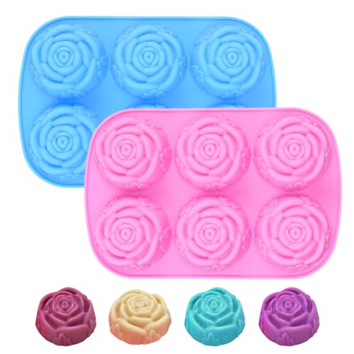 Bekecidi 2 Stück Silikonform Blüten, 3D Rose Silikon Backform Schokoladenformen in Lebensmittelqualität, Leicht zu Entformende Silikonformen zum Backen Süßigkeiten Gelee Eiswürfeln Muffins(Rosa, Blau) von Bekecidi