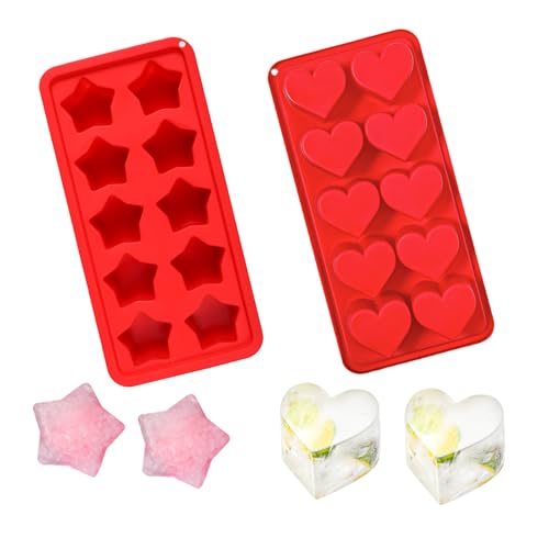 Bekecidi 2er-Pack Eiswürfelschalen Weiche Silikon-Eisformen Sternförmige herzförmige Eiswürfelformen Leicht zu entnehmende Eiswürfelschale für Whisky, Cocktails, Bier und Getränke (Rot) von Bekecidi