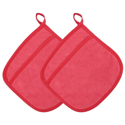 Bekecidi 2er-Pack Topflappen mit Tasche, Ofenhandschuhe Topflappen Hitzebeständig rutschfest, Quadratisch Heißes Pad Topflappen zum Kochen, Backen, Küche (Rot) von Bekecidi