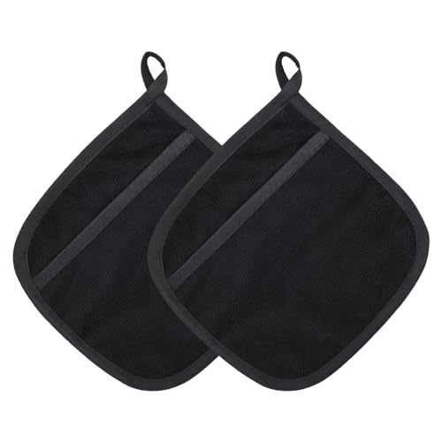 Bekecidi 2er-Pack Topflappen mit Tasche, Ofenhandschuhe Topflappen Hitzebeständig rutschfest, Quadratisch Heißes Pad Topflappen zum Kochen, Backen, Küche (Schwarz) von Bekecidi