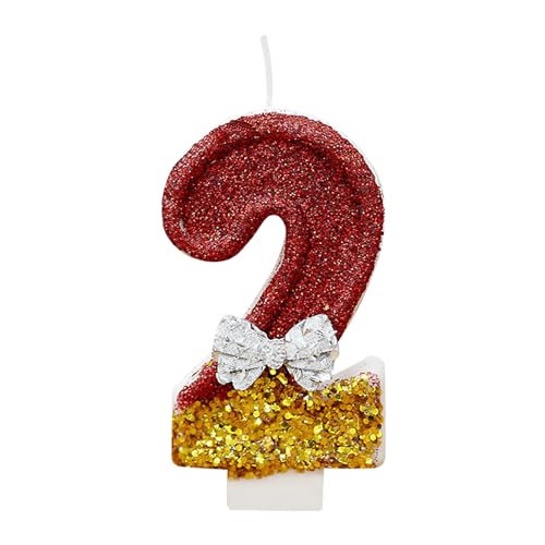 Bekecidi Nummer 2 Kerzen mit Schleifenknoten, Rote Geburtstagskerzen Nummer 2 Cake Topper Zart, Gold Kuchen Funkeln Zahlenkerzen für Kuchen Mädchen Geburtstag Party Hochzeitstag (Nummer 2) von Bekecidi