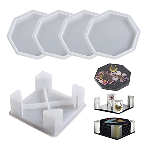 Bekecidi Untersetzer Harz Formen 5 PCS - Untersetzerform Epoxidharz Formen mit Untersetzer Halter, Octagon Untersetzer Silikonform Halter Diamant Rand Kits Epoxy Cup Mats Form für Haus Dekoration von Bekecidi