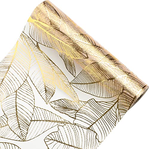 Bekeify Golden Tischläufer 28 cm × 15 m Organza Tischläufer Gold Rolle Tüll Glitzer Metallic Tischdecke Glänzend Vlies Tischband für Hochzeit Silvester Weihnachts Geburtstag Tischdeko Goldblatt Muster von Bekeify