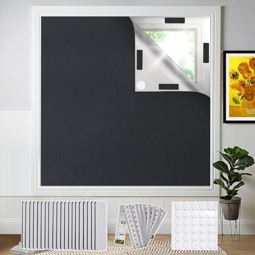 Bekeify Verdunklungsstoff 300×145 cm Verdunkelungsrollo in Größe Geschnitten Passend für Jedes Fenster ohne Bohren Reise Tragbare mit Weiches Lineal 20 Klettverschluss-Tabs 30 Doppelseitiges Klebeband von Bekeify