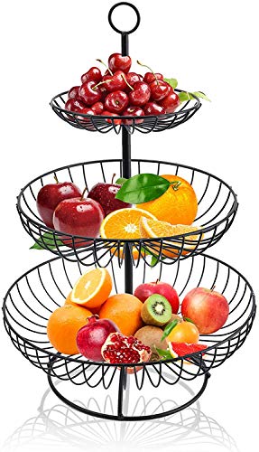 Bekith 3 Stöckig Obst Etagere Obstkorb Metall Draht Obstschale Dekorativ Gemüsekorb, Höhe 48cm, Ablagekörbe16/24/30cm (Schwarz) von Bekith