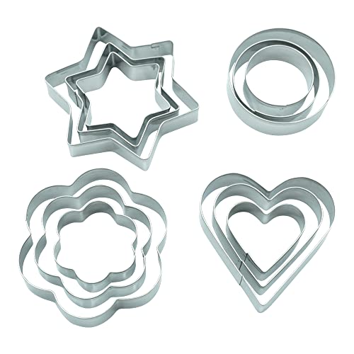 BekkiB - 12er-Set Ausstecher "Terrassenplätzchen" - Ausstechformen aus Edelstahl in 4 Designs (Herz, Stern, Blume, Kreis) - Für Plätzchen, Kekse und Linzer Augen - 880680 von BekkiB