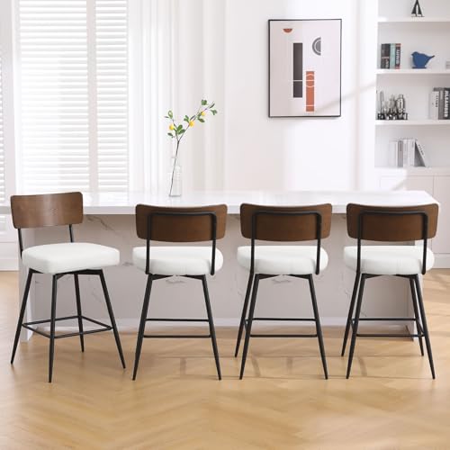 Bekrvio 360°Drehbar Barhocker 4er Set mit Lehne, 66cm Hoher Drehstuhl-Drehsessel Mit Kunstledersitz Und Massivholzrücken, Metallrahmen Barstuhl, Moderner Küchenhocker von Bekrvio