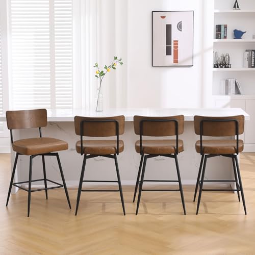 Bekrvio 360°Drehbar Barhocker 4er Set mit Lehne, 66cm Hoher Drehstuhl-Drehsessel Mit Kunstledersitz Und Massivholzrücken, Metallrahmen Barstuhl, Moderner Küchenhocker von Bekrvio