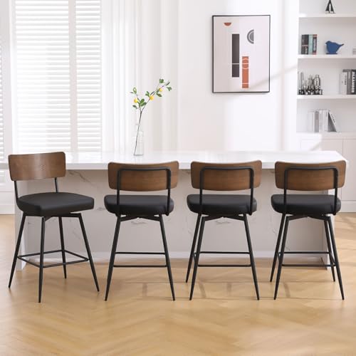 Bekrvio 360°Drehbar Barhocker 4er Set mit Lehne, 66cm Hoher Drehstuhl-Drehsessel Mit Kunstledersitz Und Massivholzrücken, Metallrahmen Barstuhl, Moderner Küchenhocker von Bekrvio