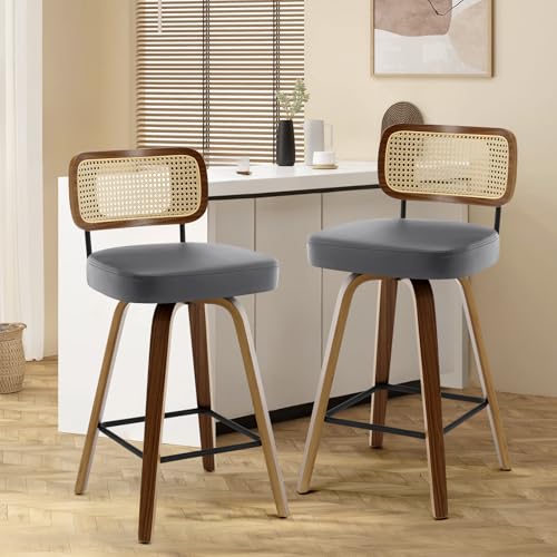 Bekrvio 360°Drehbarer Barhocker 2er Set mit Rattan-lehne, 65cm Sitzhöhe Drehsessel–Barstuhl mit Kunstleder & Massivholz, Bar Hocker mit 4 Holzbeinen, Moderner Tresenhocker für Küche & Theke von Bekrvio