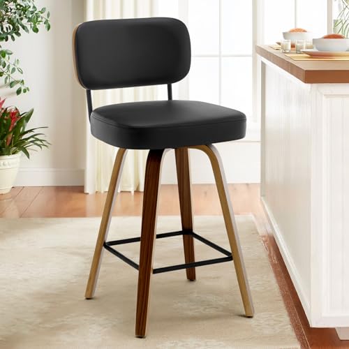 Bekrvio 360°Drehbarer Barhocker mit Rattan-lehne（1pc,150kg, 65cm Sitzhöhe Drehsessel–Barstuhl mit Kunstleder & Massivholz, Bar Hocker mit 4 Holzbeinen, Moderner Tresenhocker für Küche & Theke von Bekrvio