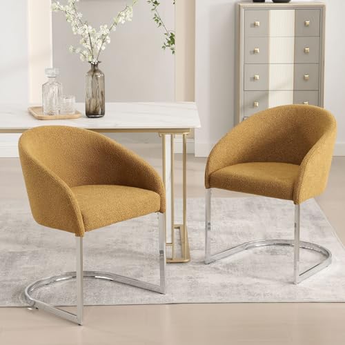 Bekrvio Esszimmerstühle 2er Set, Bouclé Polsterstühle mit Fassrückenlehne und U-förmigem Chromgestell – Mid Century Modern für Esszimmer und Wohnzimmer (2, Gelb) von Bekrvio