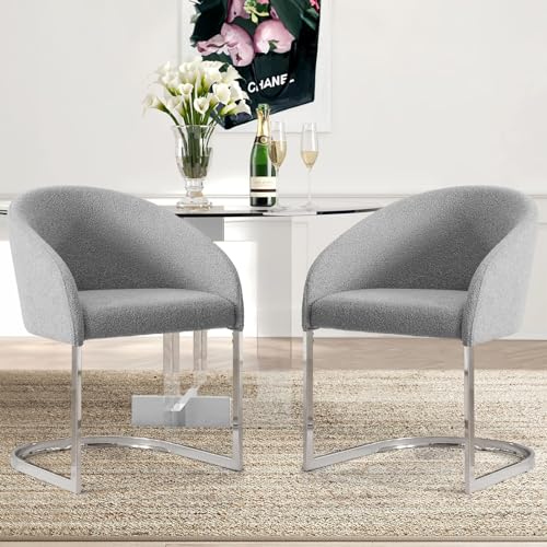 Bekrvio Esszimmerstühle 2er Set, Teddy Bouclé Polsterstühle mit Fassrückenlehne und U-förmigem Chromgestell – Mid Century Modern für Esszimmer und Wohnzimmer (2, Grau) von Bekrvio