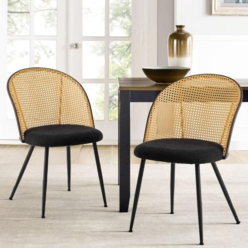 Bekrvio Esszimmerstühle 2er Set mit Rattan Rückenlehne, Faux Leather, Farmhouse Design, Metallbeine – Polsterstuhl für Esszimmer und Esstisch (Schwarz, 2er Set) von Bekrvio