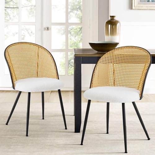 Bekrvio Esszimmerstühle 2er Set mit Rattan Rückenlehne, Faux Leather, Farmhouse Design, Metallbeine – Polsterstuhl für Esszimmer und Esstisch (Weiß, 2er Set) von Bekrvio