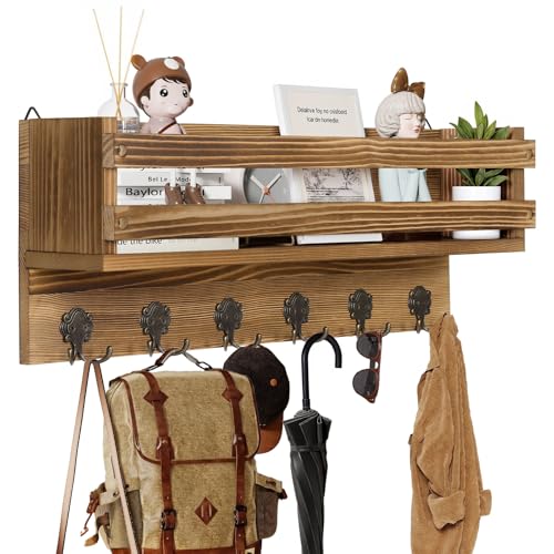 Bekrvio Garderobenleiste Holz mit 6 Doppelhaken und Regale, 58cm-Natürliche Protokolle Wandgarderobe mit Ablage, Kleiderstange Wand für Eingangbreich, Schlafzimmer, Rustikal von Bekrvio