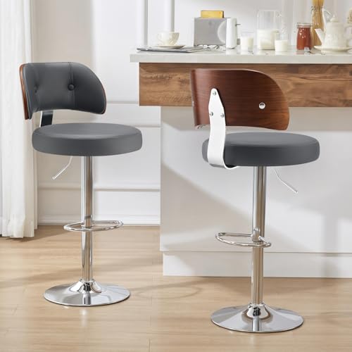Bekrvio Barhocker 4er Set, Barstühle höhenverstellbar, 360°drehbare Küchenhocker, mit Kunstleder-Bezug, mit Rückenlehne und Fußstütze, Esszimmer, Theke, Stahl (Grau, 2PCS) von Bekrvio