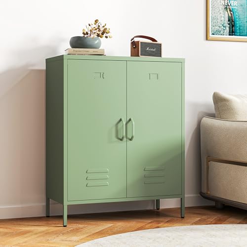 Kommode Optimierter Belüftung – Metall Sideboard mit Doppeltür, Metall Kommode verstellbaren Regalböden, stabil & langlebig, mit durchdachter Anleitung,Mehrzweckschrank (Blassgrün) von Bekrvio