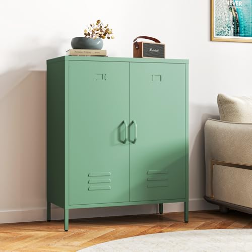 Kommode Optimierter Belüftung – Metall Sideboard mit Doppeltür, Metall Kommode verstellbaren Regalböden, stabil & langlebig, mit durchdachter Anleitung,Mehrzweckschrank (Dunkelgrün) von Bekrvio