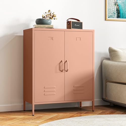 Kommode Optimierter Belüftung – Metall Sideboard mit Doppeltür, Metall Kommode verstellbaren Regalböden, stabil & langlebig, mit durchdachter Anleitung,Mehrzweckschrank (Rostrot) von Bekrvio