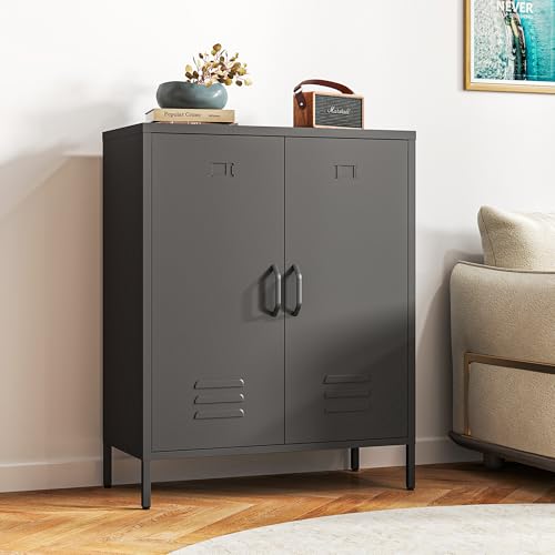 Kommode Optimierter Belüftung – Metall Sideboard mit Doppeltür, Metall Kommode verstellbaren Regalböden, stabil & langlebig, mit durchdachter Anleitung,Mehrzweckschrank (Schwarz) von Bekrvio