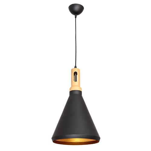 Bel Air Home - Berlin Vintage Pendelleuchte aus Holz, Schwarz und Gold, 25 cm Durchmesser, Höhenverstellbar, für Wohnzimmer, Esszimmer, Bar, E27 Fassung, Deckenlampe - Farben: Holz, Schwarz, Gold von Bel Air Home