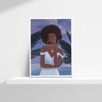 Thea Tropical Beach Night Sky Palme Insel Celestial Moon Schwarz Frau Natur Haar Afrolatina Dark Skin Gerahmt Kunst Leinwand Druck Belamar von Belamar