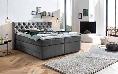 Belanoti ® Lara Boxspringbett 160x200 mit 4 Schubladen Stauraum Bett 160x200 mit Bettkasten in der Farbe Dunkelgrau H2/H3 Chesterfield Kopfteil 7-Zonen Taschenfederkern Matratze inkl. Visco Topper von Belanoti