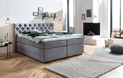 Belanoti ® Lara Boxspringbett 160x200 mit 4 Schubladen Stauraum Bett 180x200 mit Bettkasten in der Farbe Hellgrau H2/H3 Chesterfield Kopfteil 7-Zonen Taschenfederkern Matratze inkl. Visco Topper von Belanoti